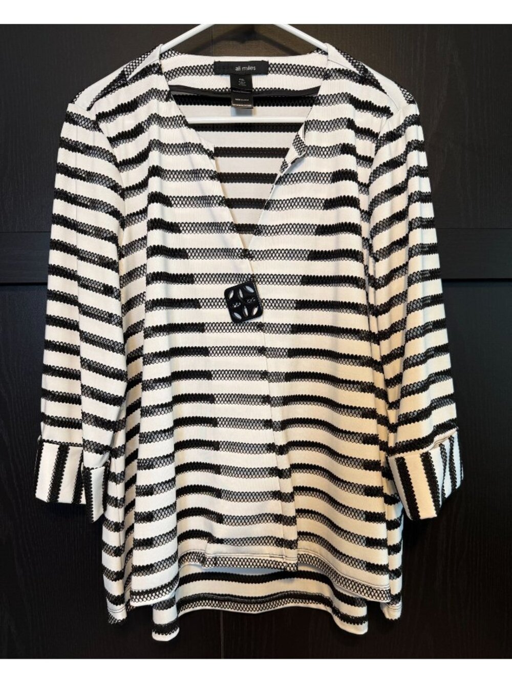 Ali Miles Stripe Sheer Single Button Tunic Blouse XL Petite 3/4 Sleeve Lagenlook